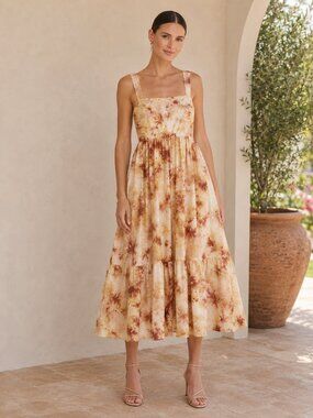 S/W/F 100% Tencel Tie Dye Midi Dress Smocked Tiered Full Skirt Sz S